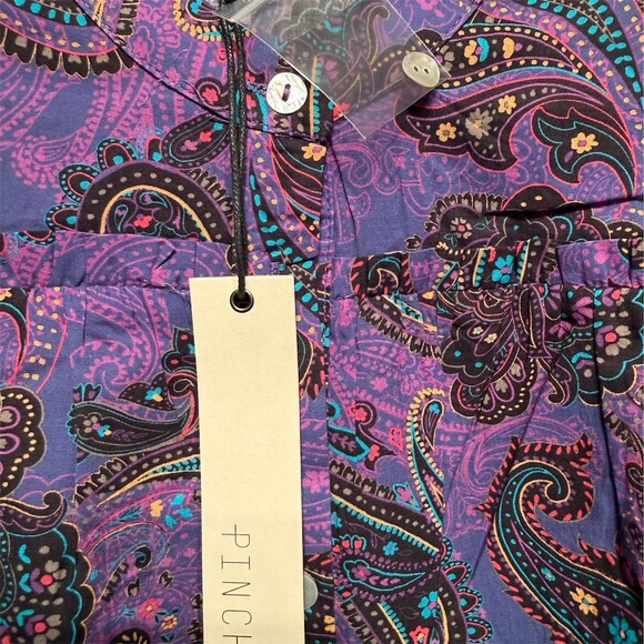 Pinch Shirt Dress Womens M Purple Paisley Button Front Belted 3/4 Sleeve - Picture 2 of 5